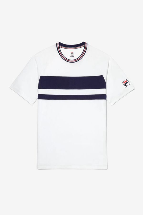 Camisetas Fila Homem Branco - Fila Double Stripe Sleeve Tennis Portugal Lojas,CFMB-39845